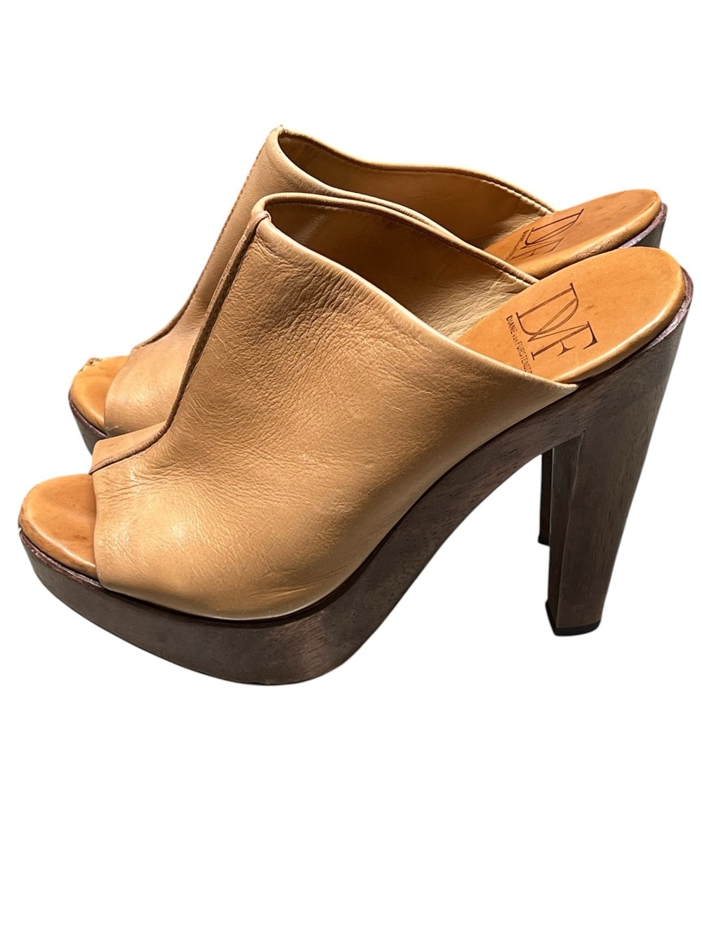 Diane von Furstenberg Faye tan leather open toe high heel mules luxury boho